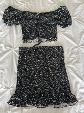 Revamped Black and White Floral Smocked Two-Piece Dress Set